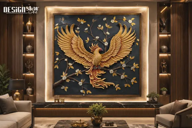 Large-scale handcrafted feature wall designed for a Hyderabad corporate office